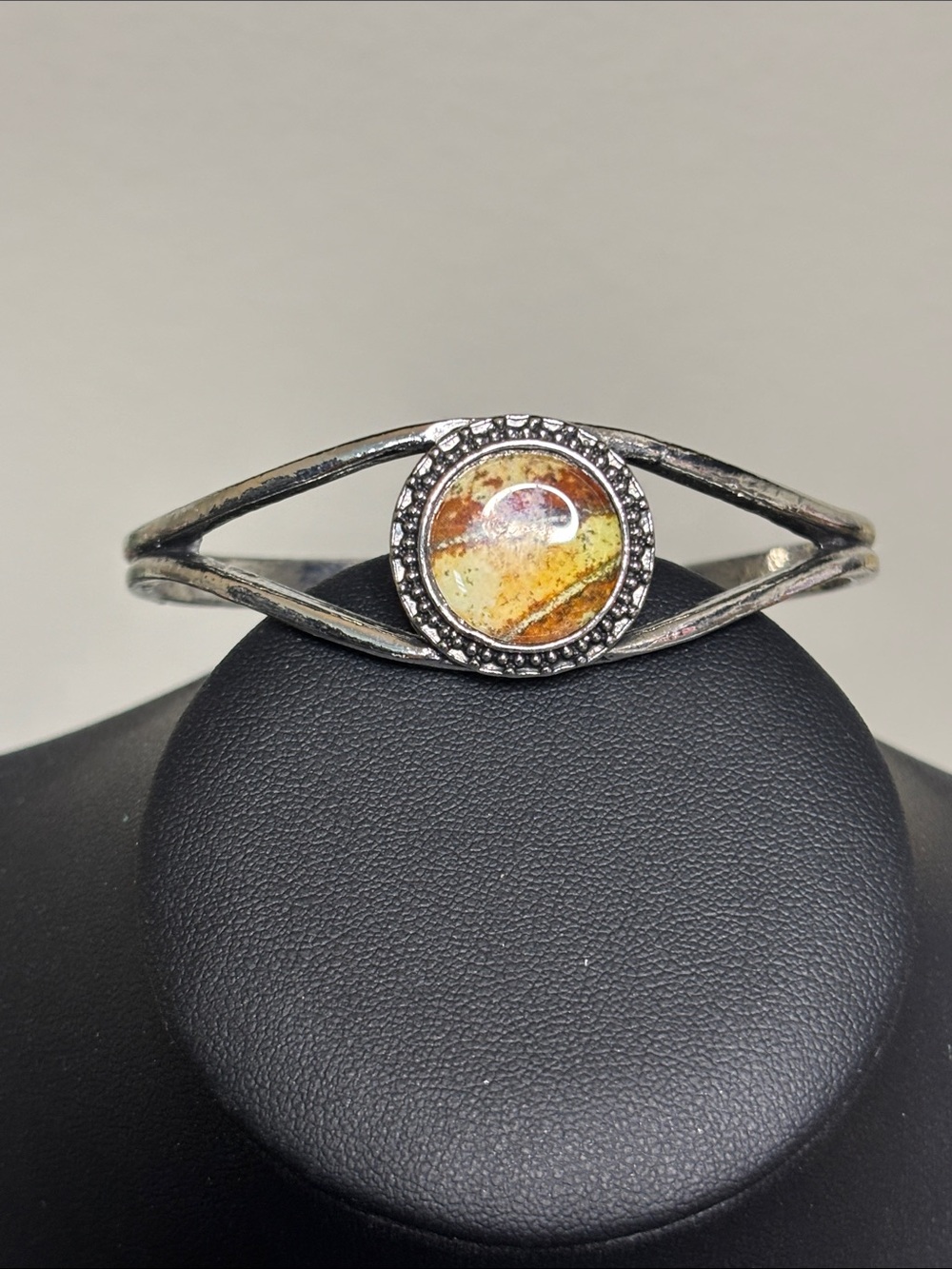 Silver Tone Boho Western Cuff Bracelet Amber-Tone Glass Center